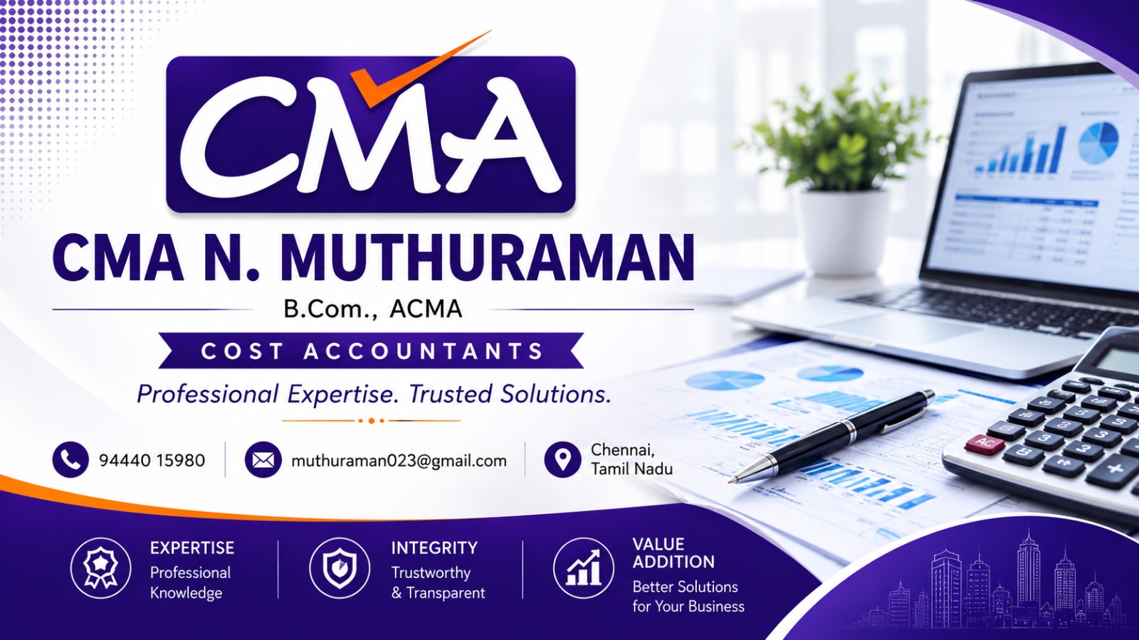 CMA N. Muthuraman — B.Com., ACMA — Cost Accountants | Professional Expertise. Trusted Solutions. | Chennai, Tamil Nadu